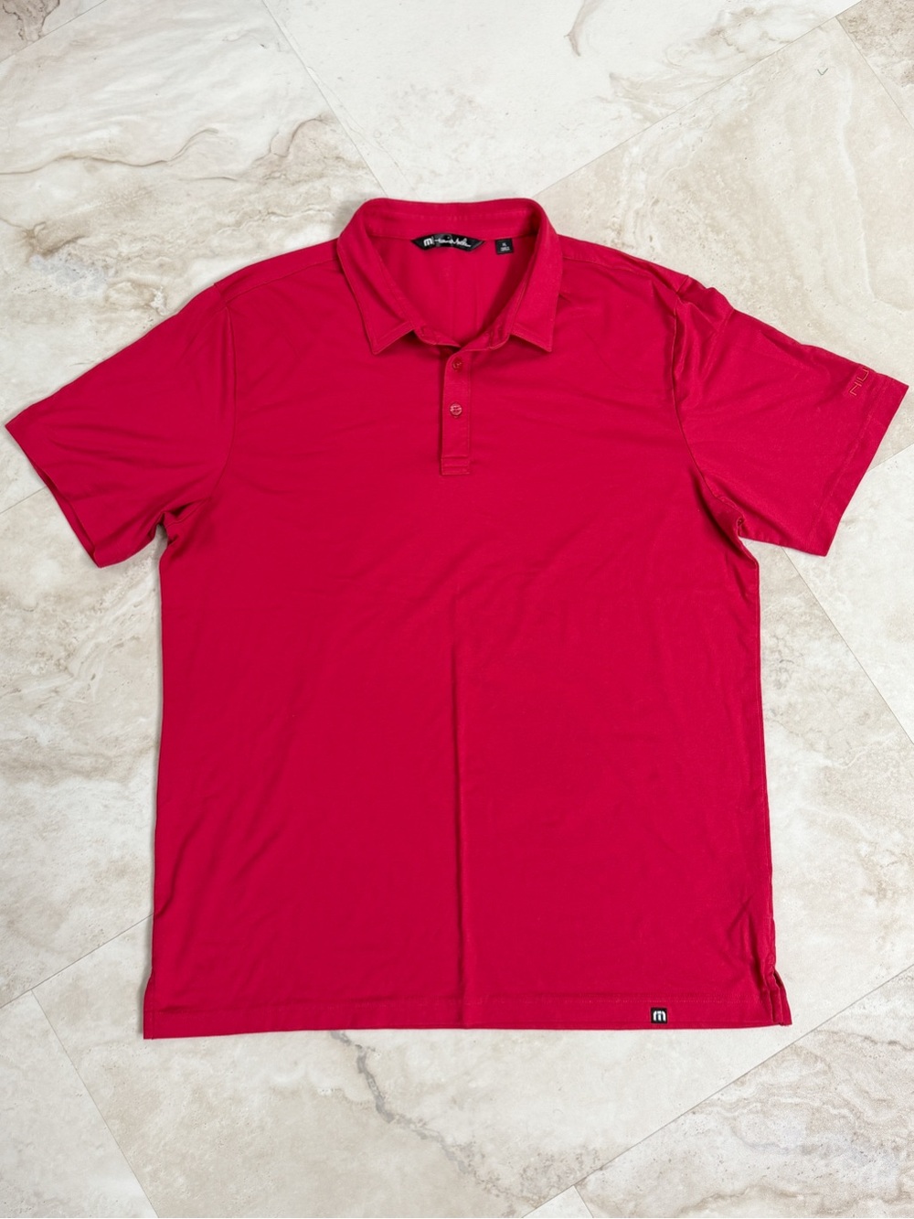 TravisMathew XL Performance Golf Polo Shirt Red Nucor Logo Stretch Preppy